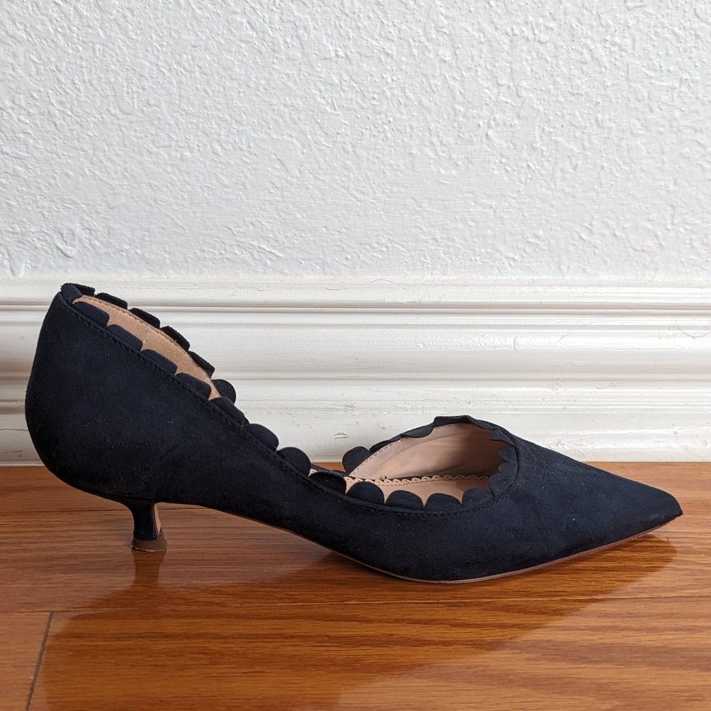 suede navy blue scalloped edge kitten heels, JG